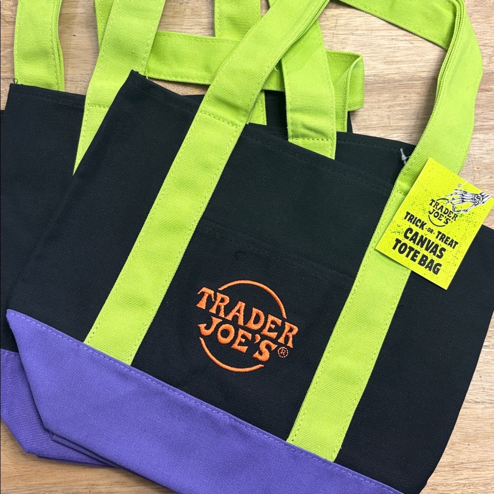 Trader Joe's Black and Purple Canvas Tote Bag